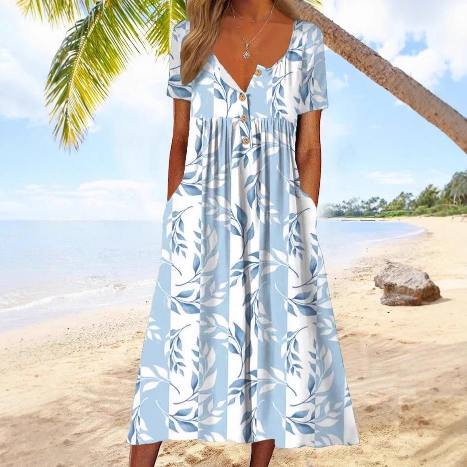 2026 European and American women s clothing European and American printed dress seaside vacation women s clothing spring and summer S синий