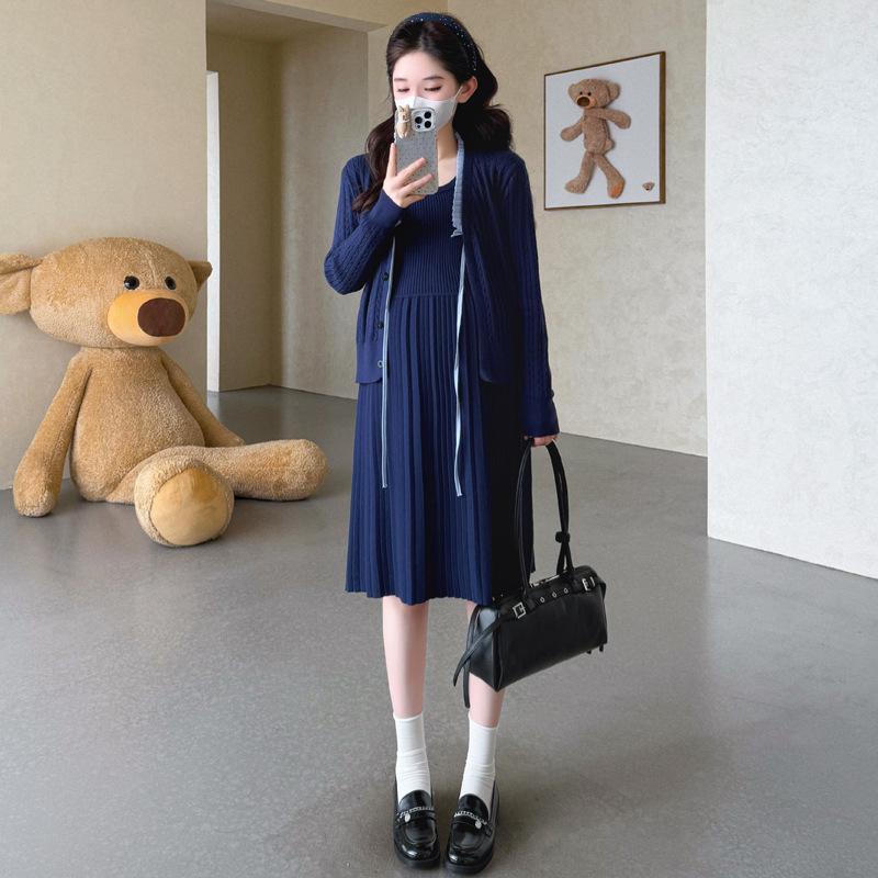 Korean Style Knit Maternity Vest Dress & Cardigan Set M