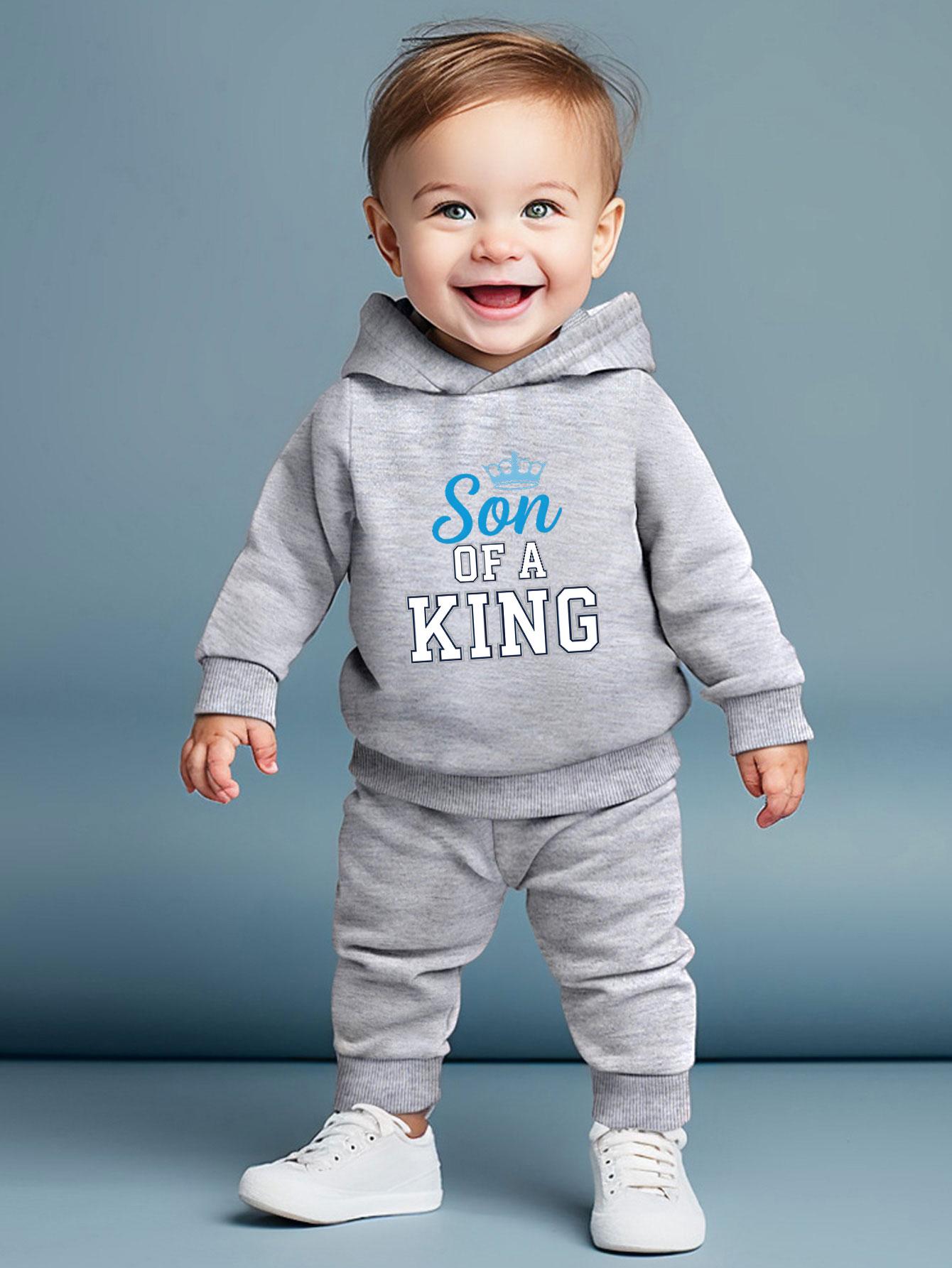 

Hooded top with cute printed text and patterns matched with elastic waist cuffed trousers, casual two-piece outfit for baby boys daily outings 6-9M серый