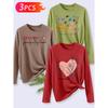 3Pcs Elegant Long Sleeve T Shirt Gift For Women Daily Leisure Nurturing New Life Soft Hearted Unique Print Pattern Set