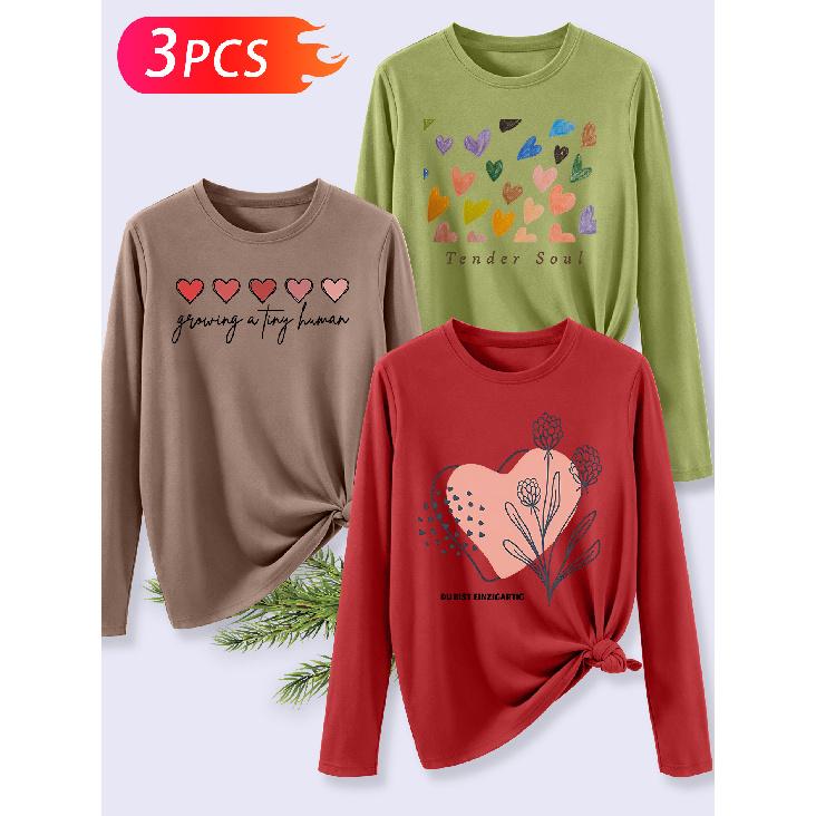 3Pcs Elegant Long Sleeve T Shirt Gift For Women Daily Leisure Nurturing New Life Soft Hearted Unique Print Pattern Set