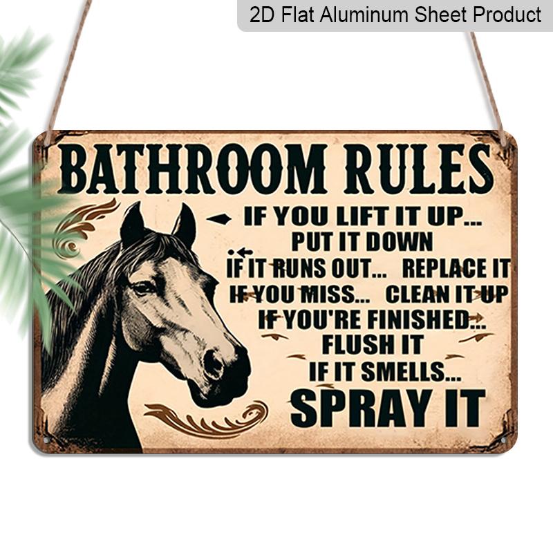 

2D Flat Vintage Aluminium Metal Sign Measuring 8 X 12 Inches Featuring Humorous Bathroom Rules with A Horse Illustration, Perfect for Rustic Home 20*30cm