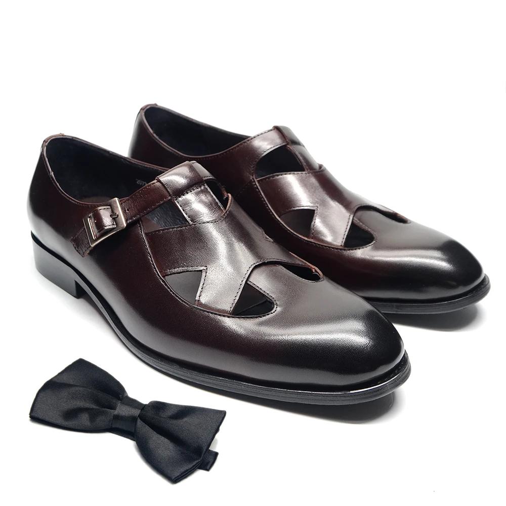 

Genuine Leather Mens Classic Summer Dress Sandals Buckle Strap Black Brown Closed Toe Business Party Casual Formal Shoes for Men 38