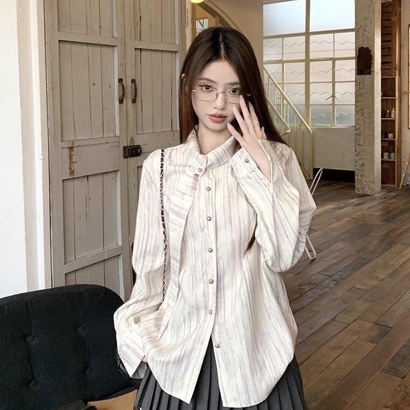 Women Stand Collar Tie Waist Striped Long Sleeve Blouse S абрикосовый