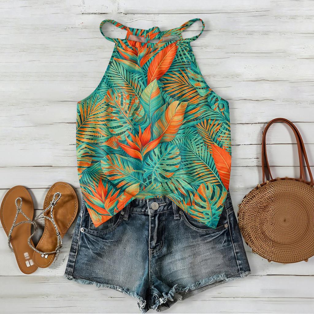 Damen ärmelloses Boho-Tanktop mit Blumendruck Verstellbarer Träger Lässige Sommerbluse Leicht Lockerer Schnitt