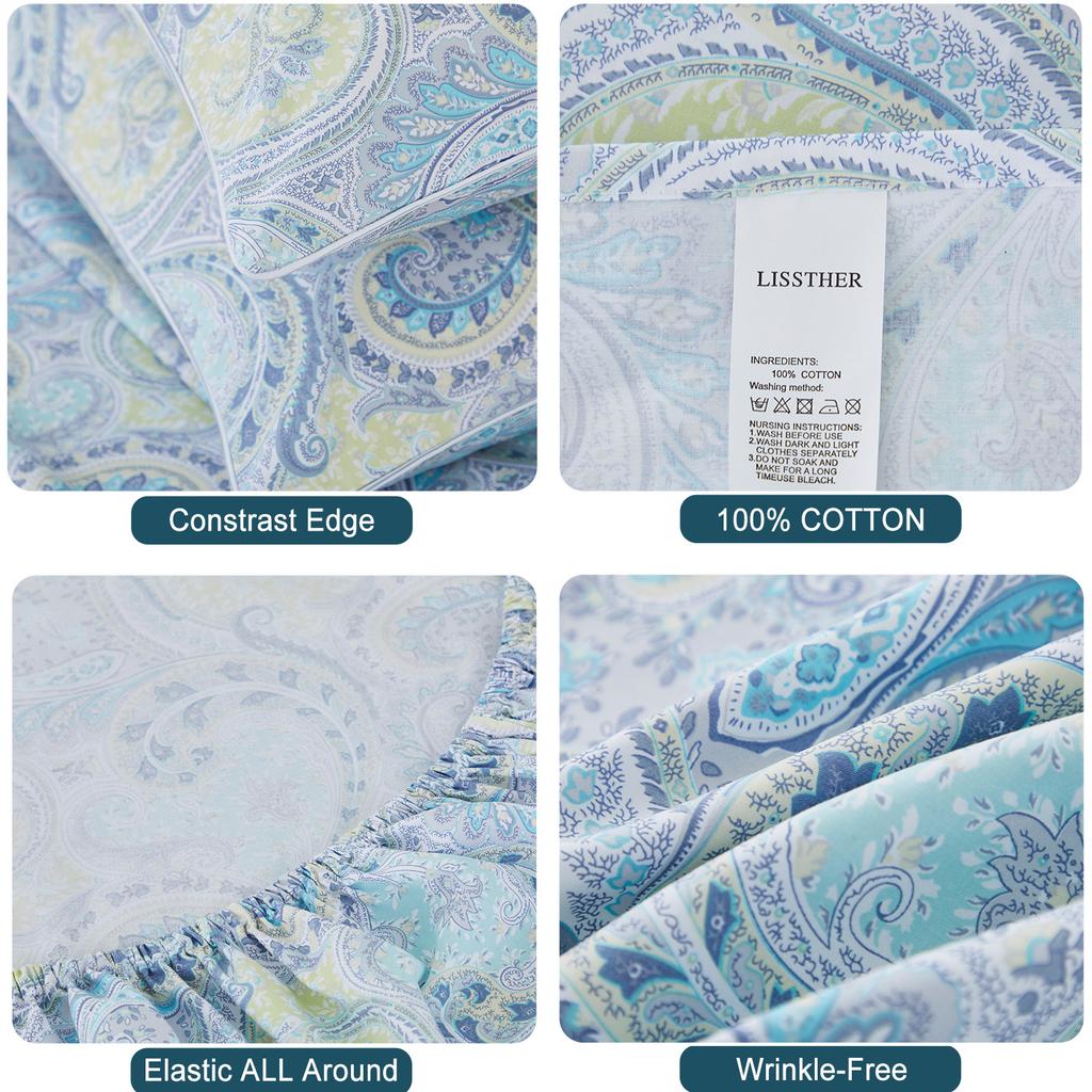 4Pcs 600 Tc 100% Egyptian Cotton Fitted Sheet Set (Without Core), Vintage Classic Blue Damask Paisley, Soft & Skin-Friendly