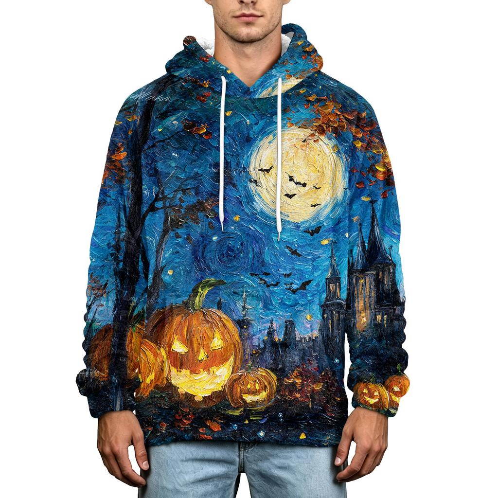 Men's Fall Winter Halloween Print Plus Size Hooded Flannel Sweatshirt Casual Trendy Streetwear