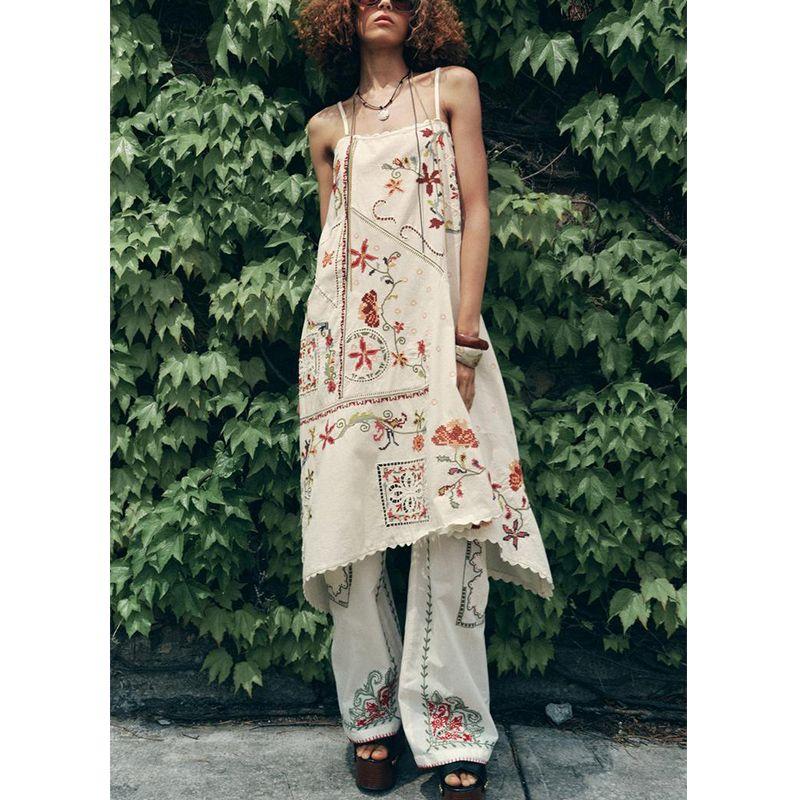 Summer New Product Women's Clothes Cotton Blended Straight Collar Contrast Color Flower Embroider Decoration Asymmetric Dress 5107079