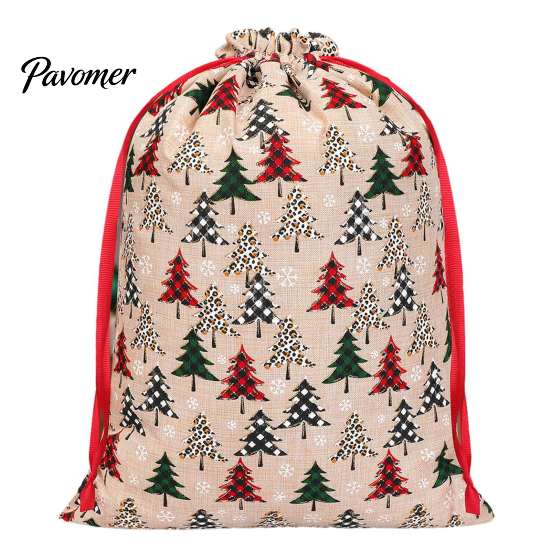 Large Holiday Gift Pouches Christmas Tree Print Drawstring Bags, Faux Linen Xmas Treat Bag, Festive Ornament Storage Reusable Candy & Apple Pouch for