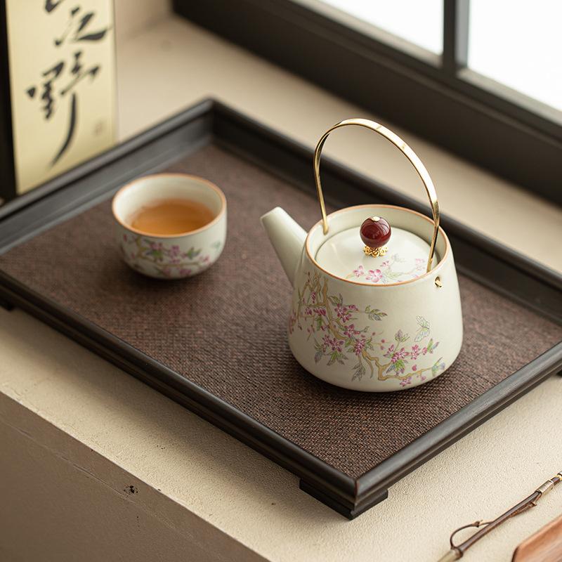 Beige Ru Kiln Open Teapot Household Brewing Teapot Kung Fu Tea Set Retro Single Pot Filter Chinese Beam Pot High-grade
