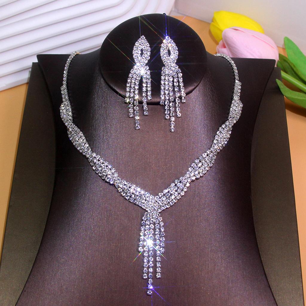 Korea Metal Claw Chain Rhinestone Wedding Necklace Bridal Necklace Earrings Jewelry Banquet Necklace Jewelry Set