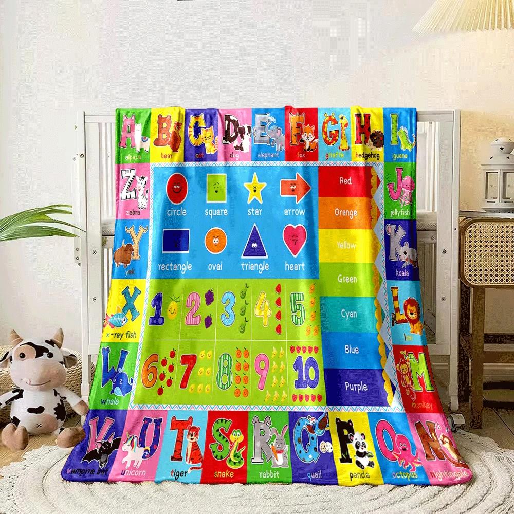 Alphabet, numbers, shapes, colors, and animals arranged in a grid format. for all seasons blanket lunch break throw gift