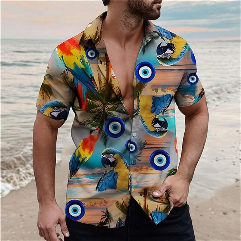 Men's Beach Parrot Printed Shirts Hawaii Breathable Shirts Summer Single Breasted Short Sleeved Shirts Comfortable Men's Shirts