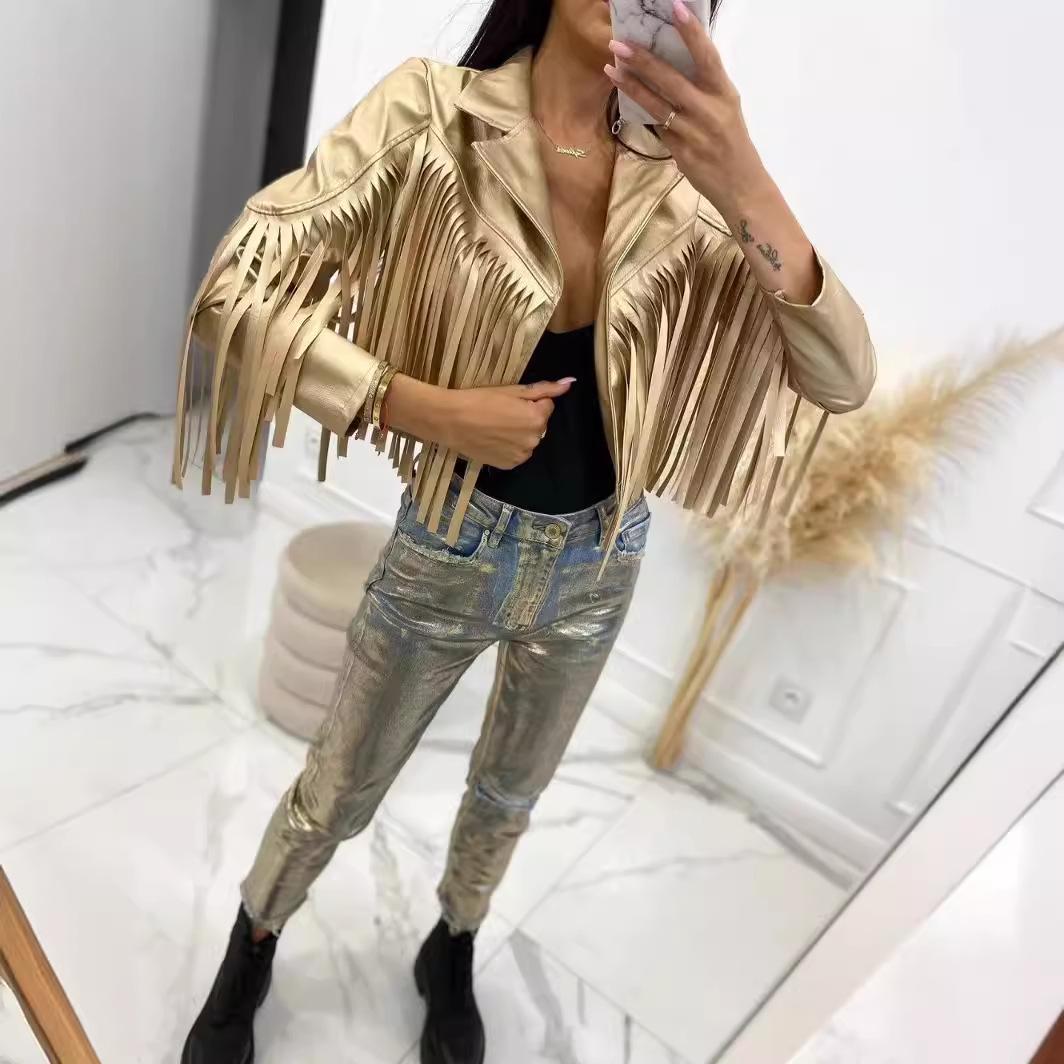 

2023 Autumn Women s Street Fashion Tassel Leather Jacket Large темно-сірий
