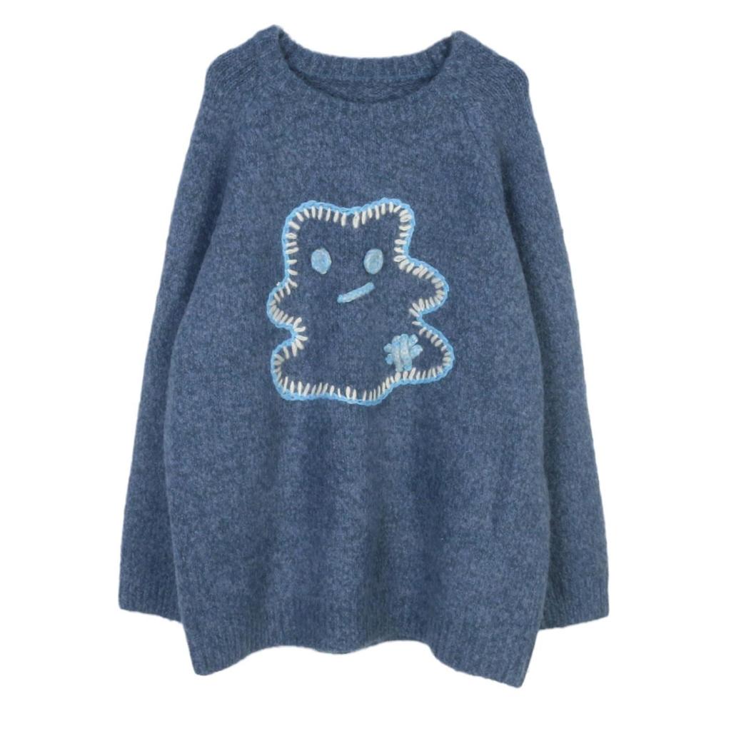 Color Block Cartoon Embroidered Knit Sweater - Women's Autumn/Winter Crew Neck Pullover with Long Sleeves