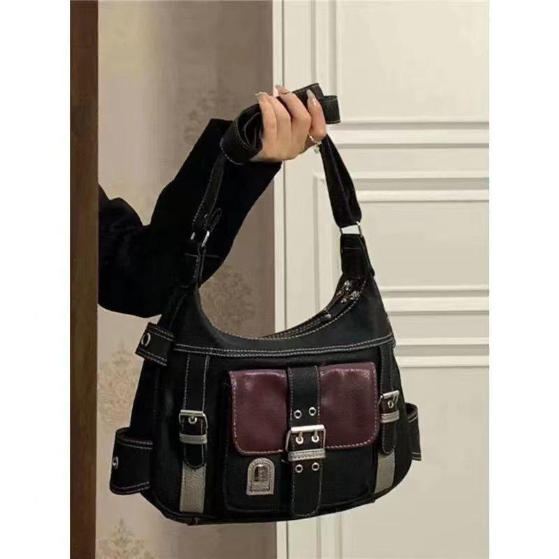 2025 Retro Vintage Y2K Soft Leather Motorcycle Shoulder Crossbody Bag for Women - New Color Block Trend