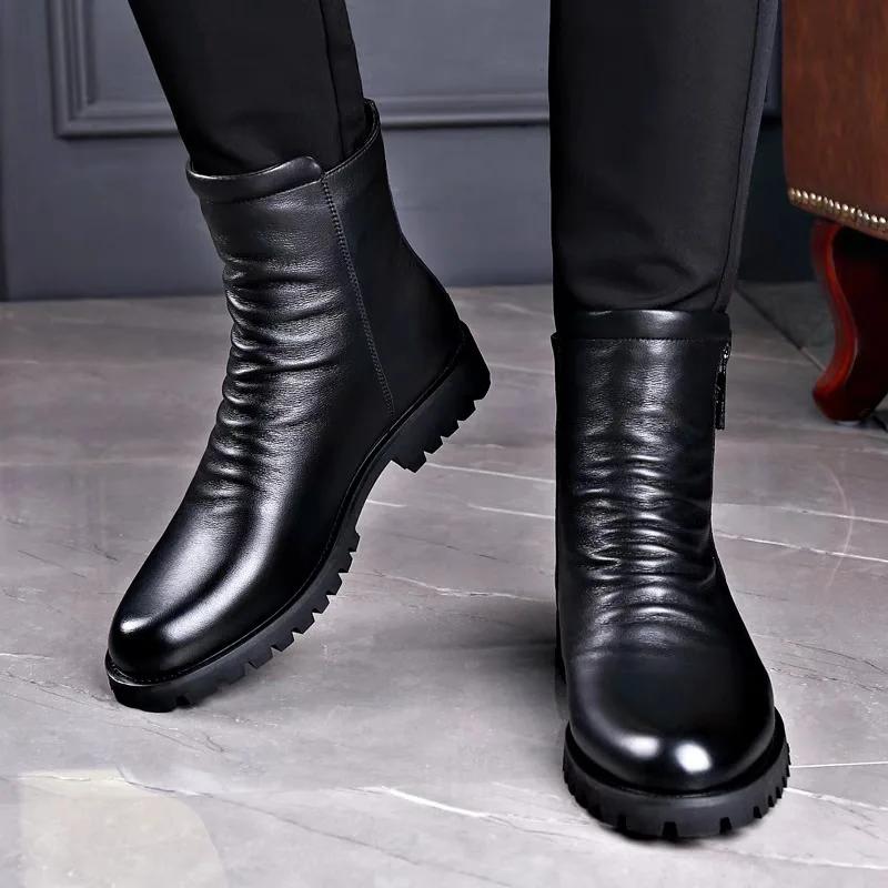 Autumn Winter Cowhide Men'S Riding Boots British Style Men'S Leather Boots High Top Zippered Men Boots Chelsea Boots