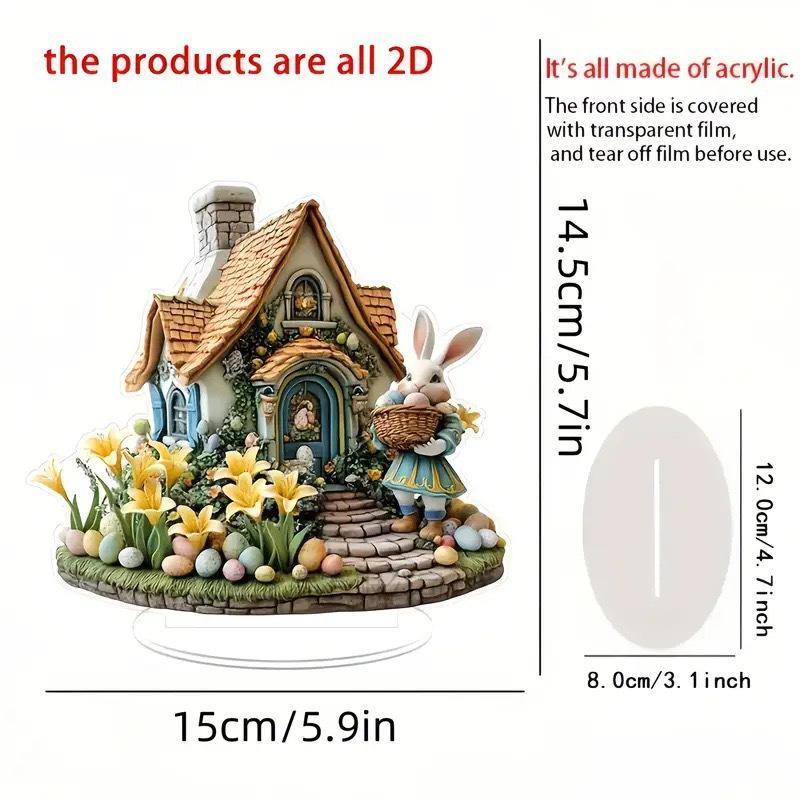 Easter Bunny Ornament Flat Acrylic Ornament Rabbit House Single Desktop Home Office Garden Ornament Yard Decoration Gift