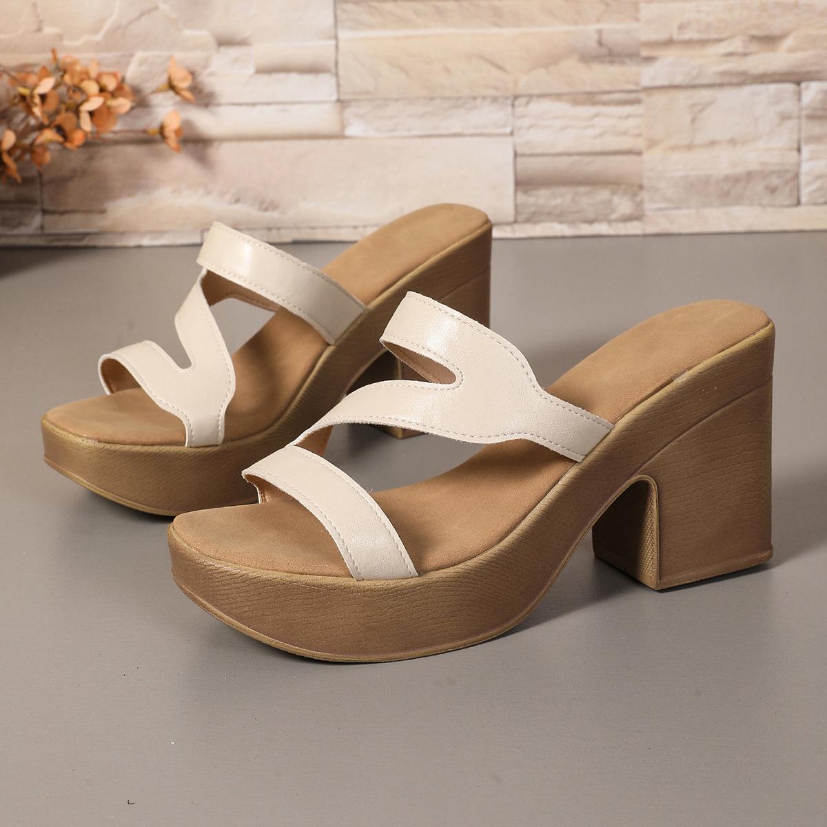 Large size high-heeled cool slippers 22 summer new thick-heeled slippers hollowed out outside, fish mouth sandals 36