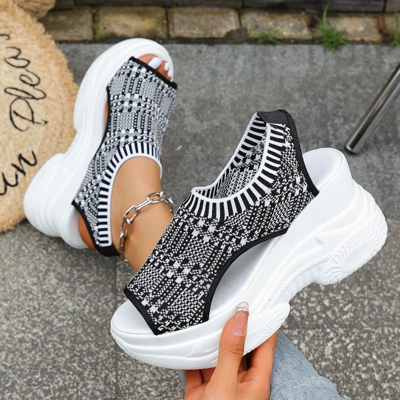 Fashion Platform Sandals with Sloping Heels Women's Round Head Open Toe Mesh Breathable Anti-slip Wear-resistant High Heels