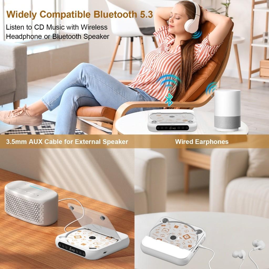 Music Player Portable Bluetooth CD Player Rechargeable Home/Car Walkman HiFi Lound Dual Speakers