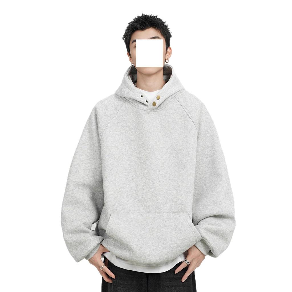Men's Heavyweight 300G Button-Up Hoodie – Trendy Autumn/Winter Loose Fit, Solid Color, Versatile American Style Sweatshirt Jacket