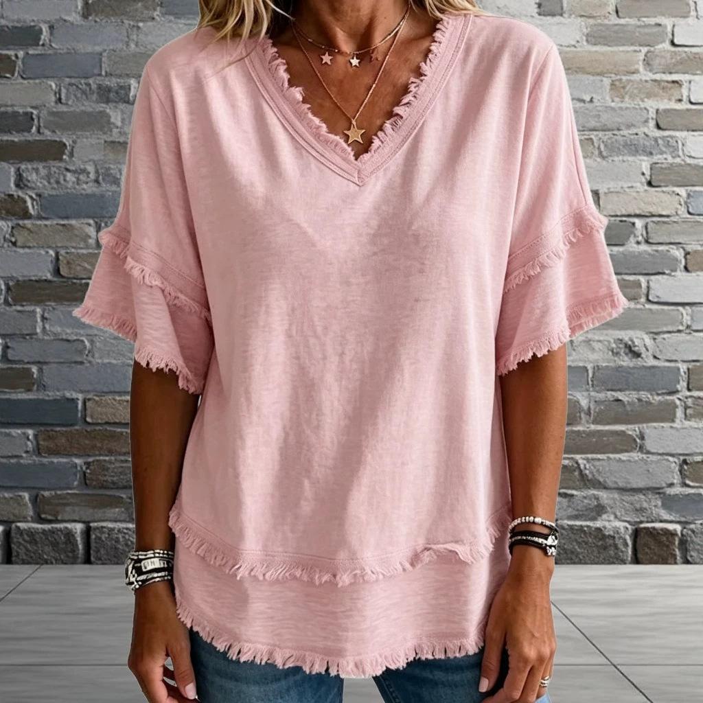 European and American New V-neck Pullover Short-sleeved Loose Women's Shirt Casual Women's Top