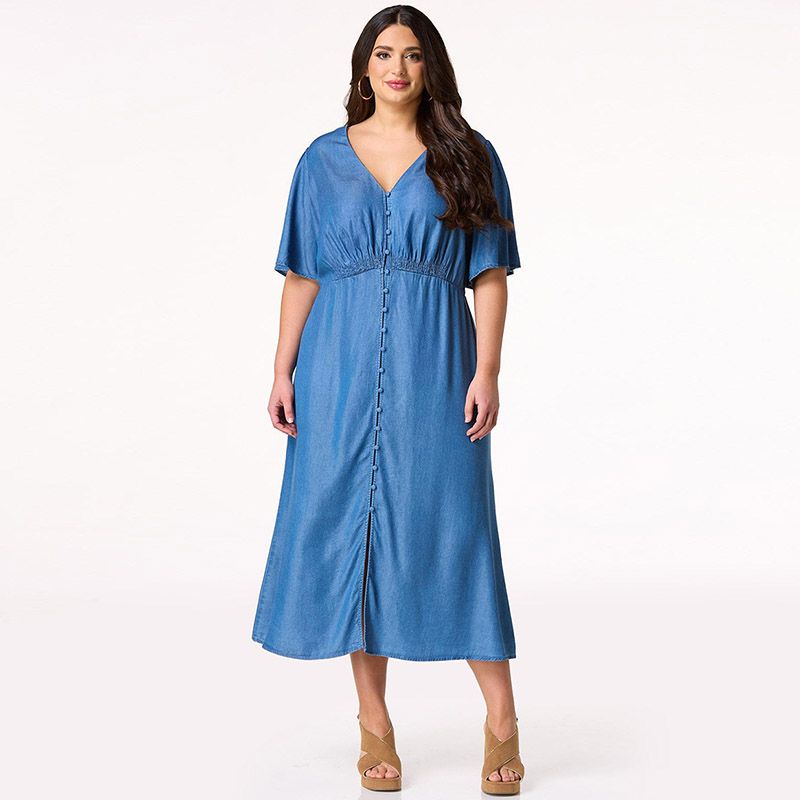 

100.00kg Plus Size Women s Clothing Dress Summer Retro Waist-Controlled V-neck Slimming Elegant Short Sleeve Lyocell Denim Dress 589 Small embroidery to mend defects M