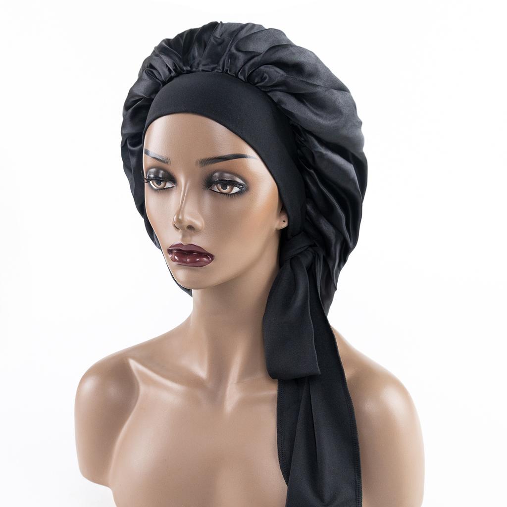 Women Satin Widened Sleep Hat Night Sleep Cap with Long Streamer Hair Care Bonnet Nightcap Elastic Cap De Nuit Shower Turban