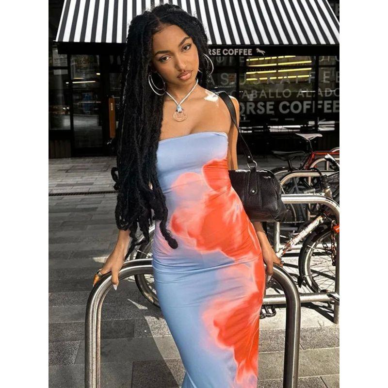 Women's Printed Strapless Split Hip Dress Floral Print Slit Sheath Dress