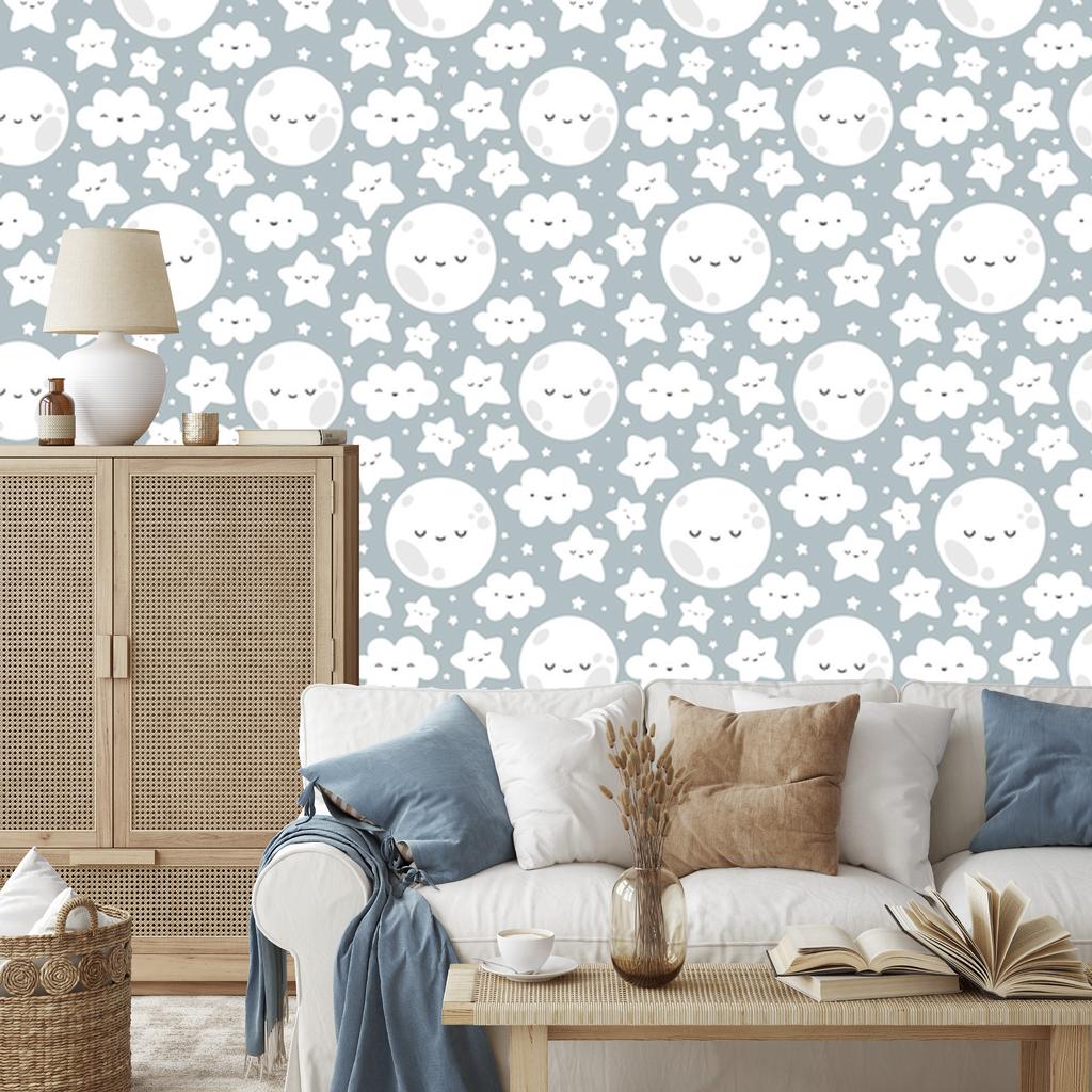 Happy Stars and Clouds and Moons Wallpaper for Living Room and Bedroom 50x1000