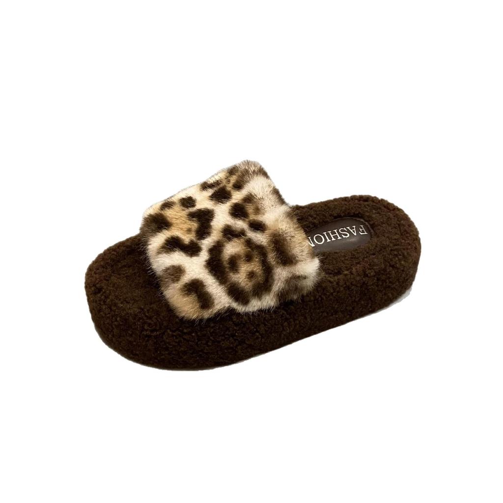 Leopard print thick bottom heightening fluffy slippers women's wear 2025 new autumn and winter fashion home fluffy cotton slippers