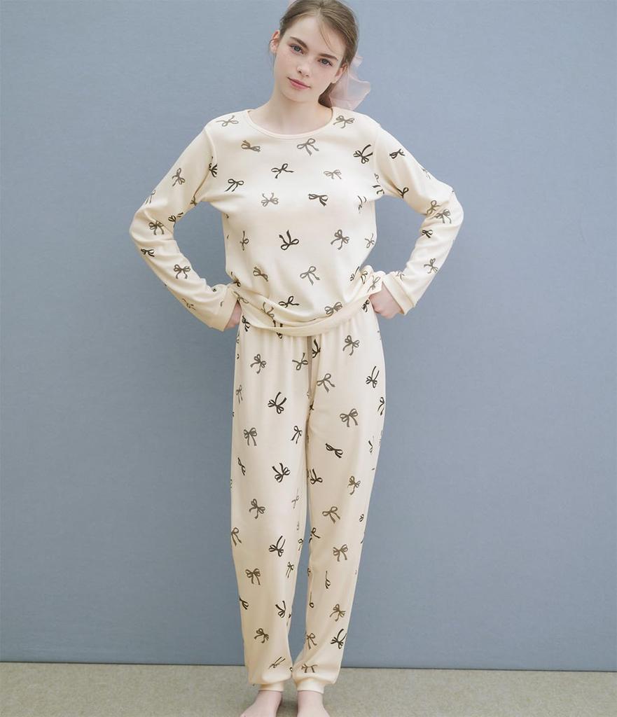 Peach John Winter One Made with a Soft and Comfortable Cotton Blend and a Ribbon Women's Pajamas, Black, Size, Print.