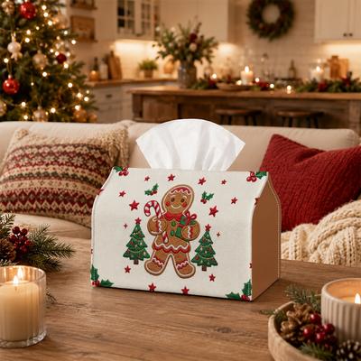 1pc Tissue Box Holder with Christmas Sweet Festive Folk Design - Gingerbread Man Fir Tree Star, Durable Polyester, Ideal for Kitchen, Living Room, Bed