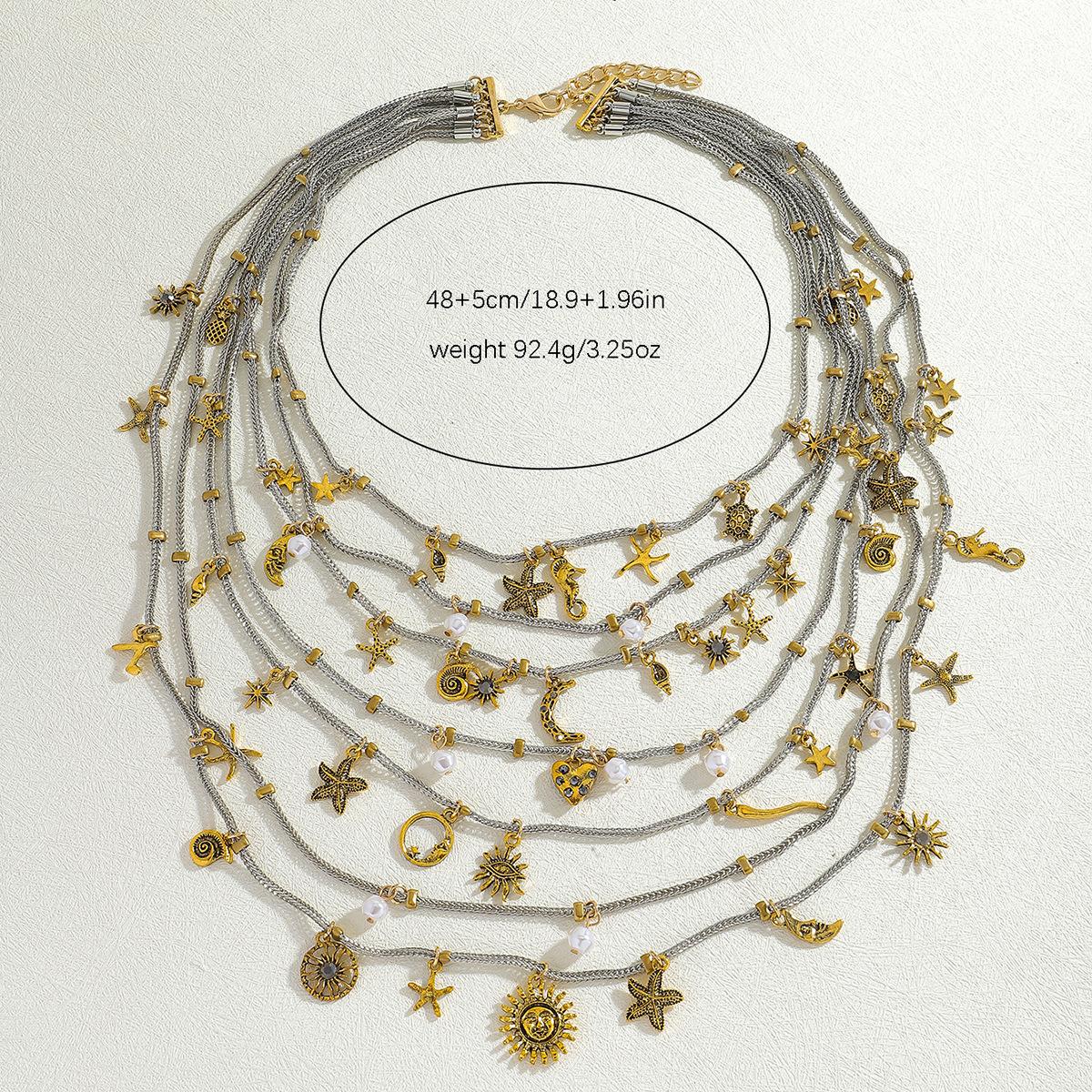 

Two-Tone Burnished Gold & Silver Multi-Layered Choker Necklace with Star Moon Sun Pendant, Boho Festival Party Jewelry for Women