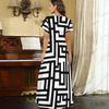Women Plus Size V Neck Short Sleeve Black White Geometric Printed Straight Long Dress