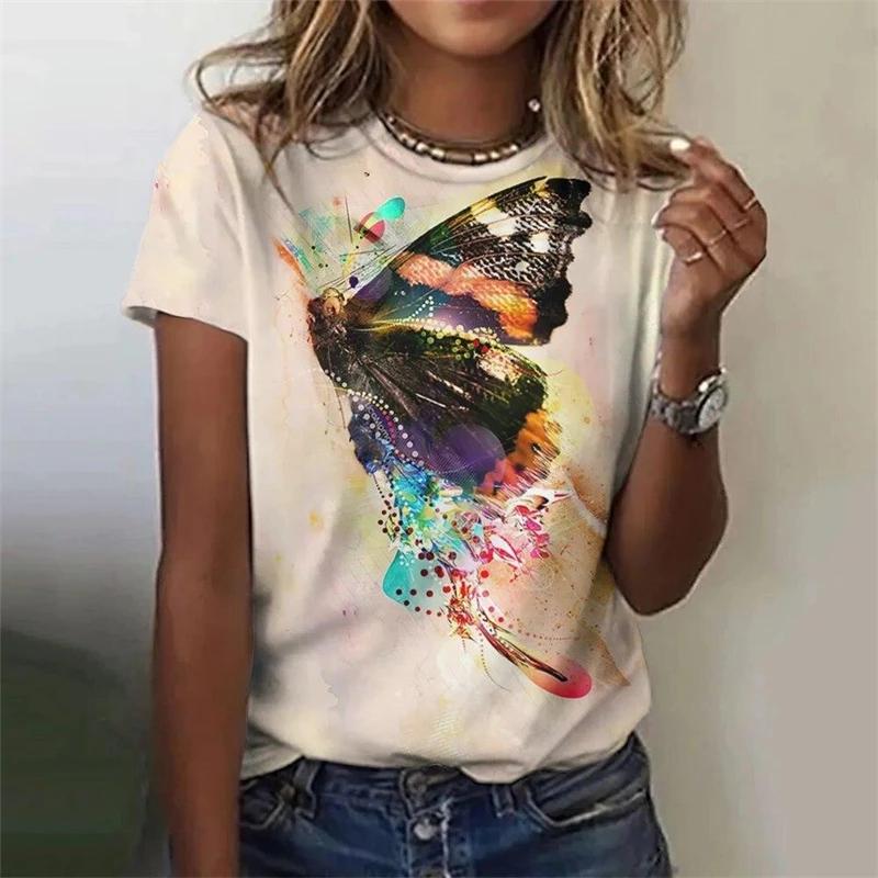 Summer Casual Vintage Women's T-shirts Ladies 3D Print Butterfly O-Neck T Shirt Female Fashion Loose Short Sleeve Tops Tees Y2K