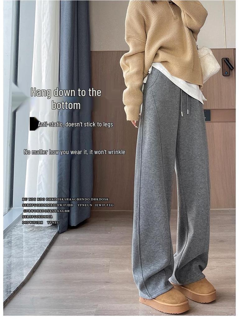 Women's High-Waisted Fleece-Lined Wool Wide-Leg Pants - Winter Slimming Casual Floor-Length.