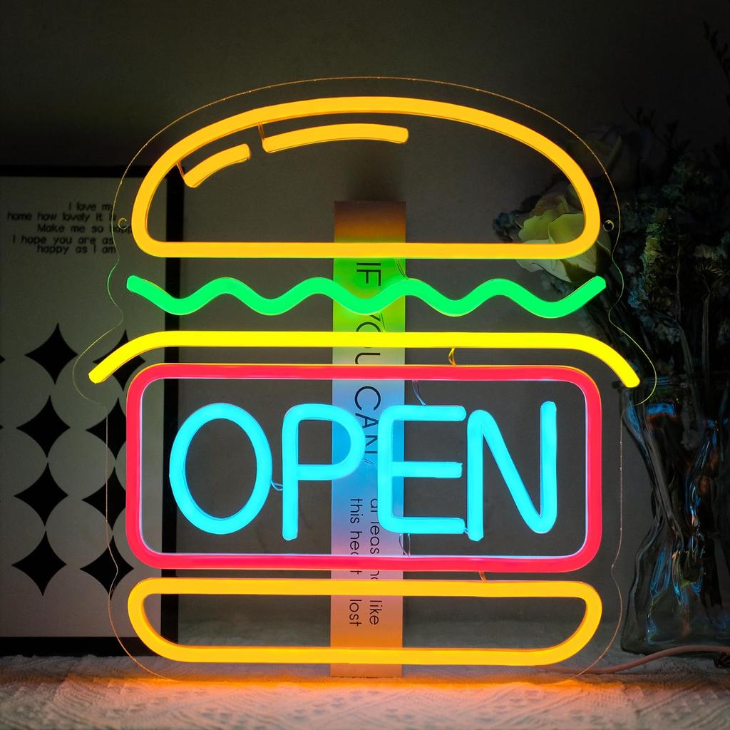 Burger and Sandwich Neon Sign Hamburger Shop LED Neon Light Fast Food Business Signs for Restaurant Kitchen Party Dimmable Light