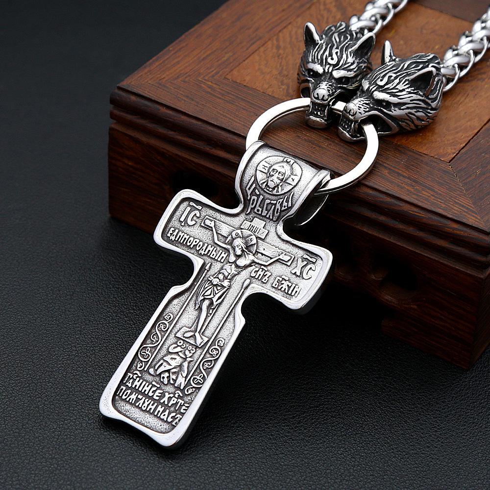 Stainless Steel Old Cross Pendant Necklace Hip Hop Punk Domineering Wolf Head Pendant