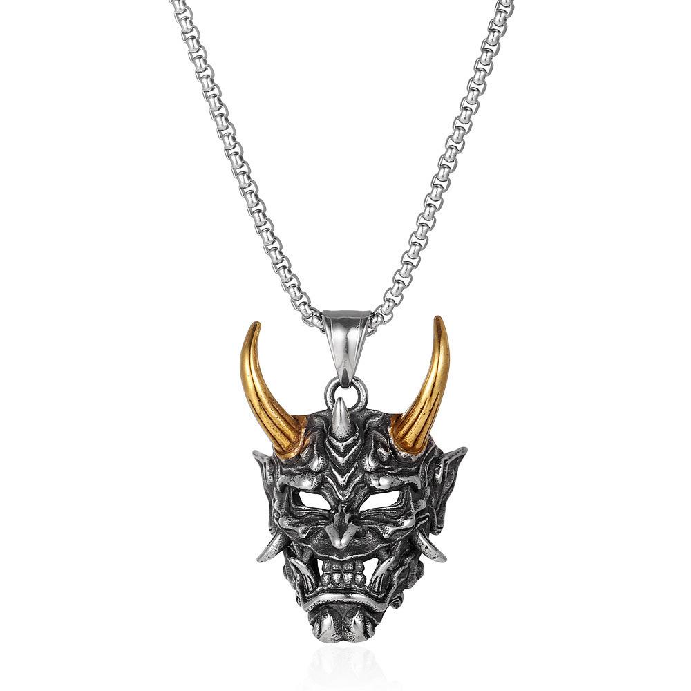 3D Carved Red-Faced Hannya Mask Pendant Necklace with Black Cotton Cord