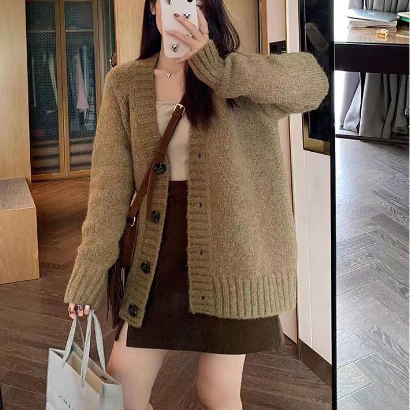 

YYFS Женская мода Повседневный Осень Зима Однотонный Принт Длинный Рукав V-образный Вырез Свитера Size: One Size верблюд