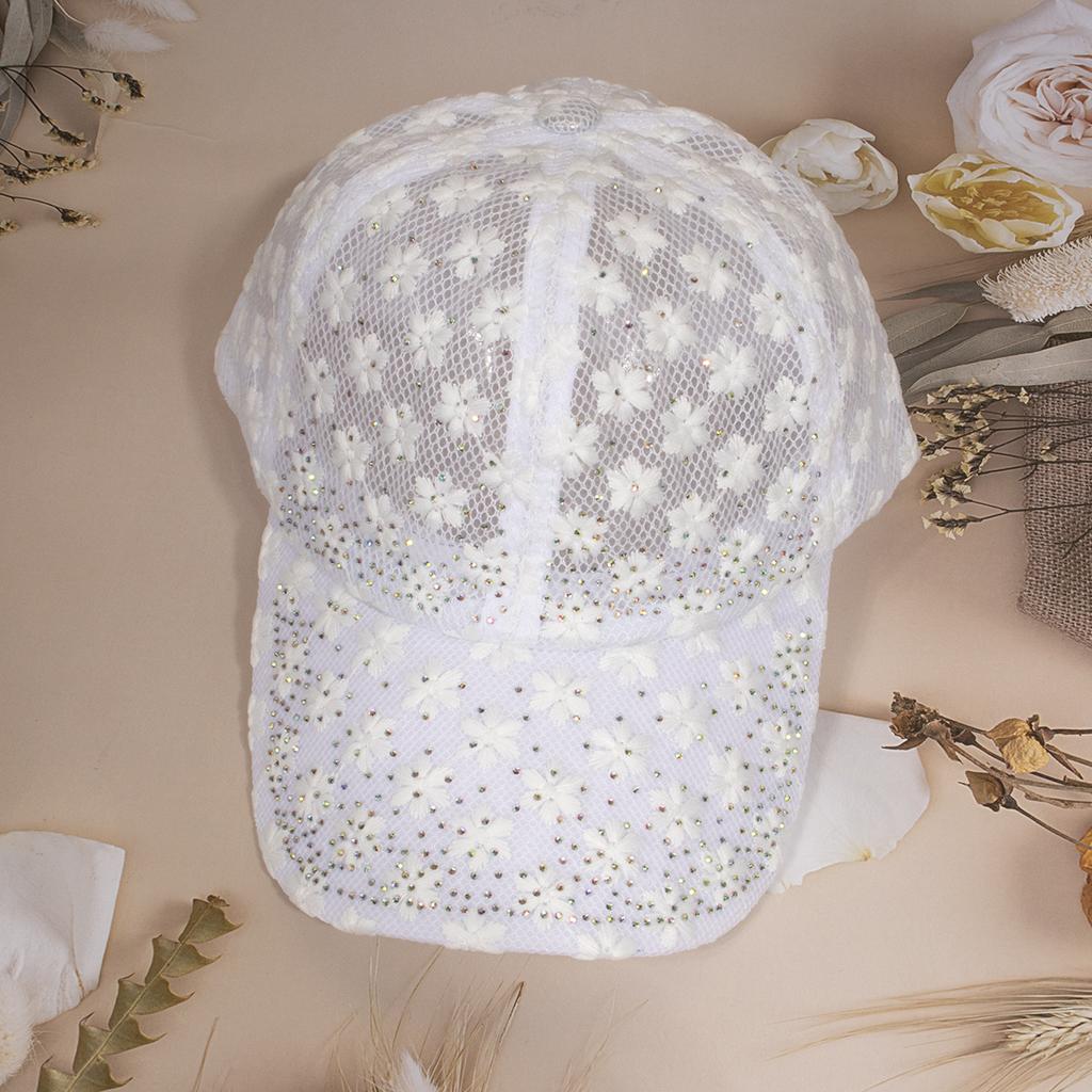Shiny Rhinestone Lace Flower Baseball Cap Hollow Out Breathable Adjustable Ladies Spring Summer Hats