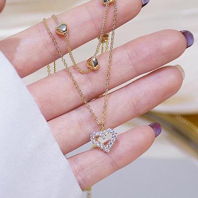 Ins Exquisite Micro CZ Liebesherz Halskette für Frauen Plattiert 3 Schichten 14k Echtgold Doppellagiger Choker Schmuck Anhänger