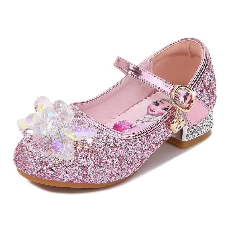 Girls  Princess Shoes Spring and Autumn Fashion New High-Heeled Leather Shoes Soft Sole Velcro Sequin Elsa Crystal Shoes for Girls 23 розовый