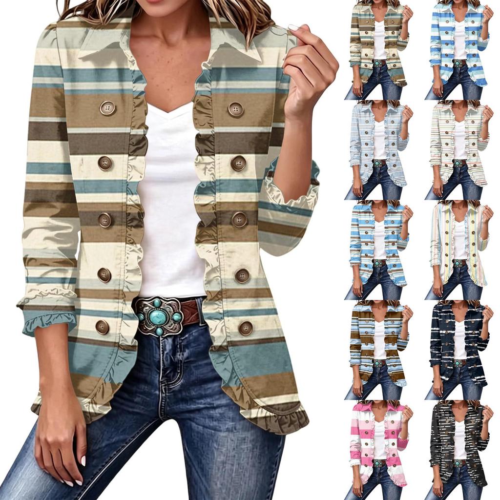 Women's Casual Striped Print Long Sleeve Ruffle Button Down Shirt Jacket for Everyday Wear