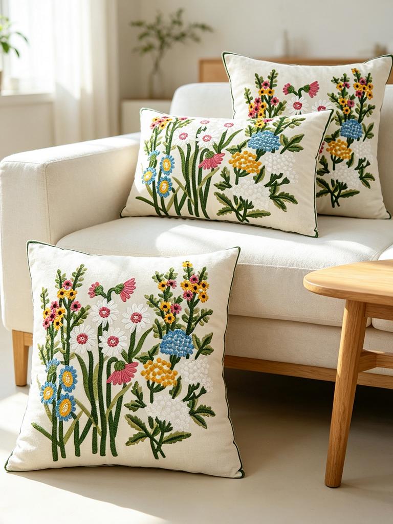 1pc Exquisite Garden Floral Embroidered Cushion Cover Without Core For Various Room Machine Washable