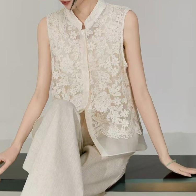 Chinese Style Lace Embroidered Stand Collar Vest with Frog Button and Shawl