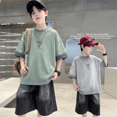 Set för Tonårspojkar för Barn Elegant T-shirt + Jeansshorts 2-delat Kläduppsättning Sommar Barnkläder Set