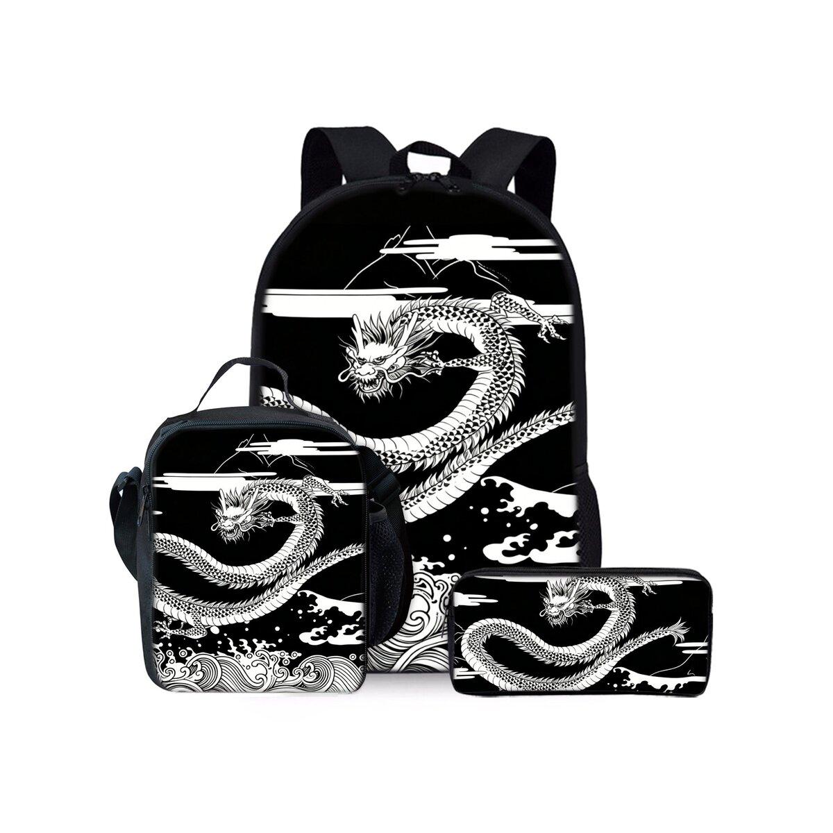 Chinese Goddelijke Draak Print Drie Delige Rugzak Set voor Jongens en Meisjes Beste Cadeaus 2D Platte Cartoon Schooltas voor Kinderen black